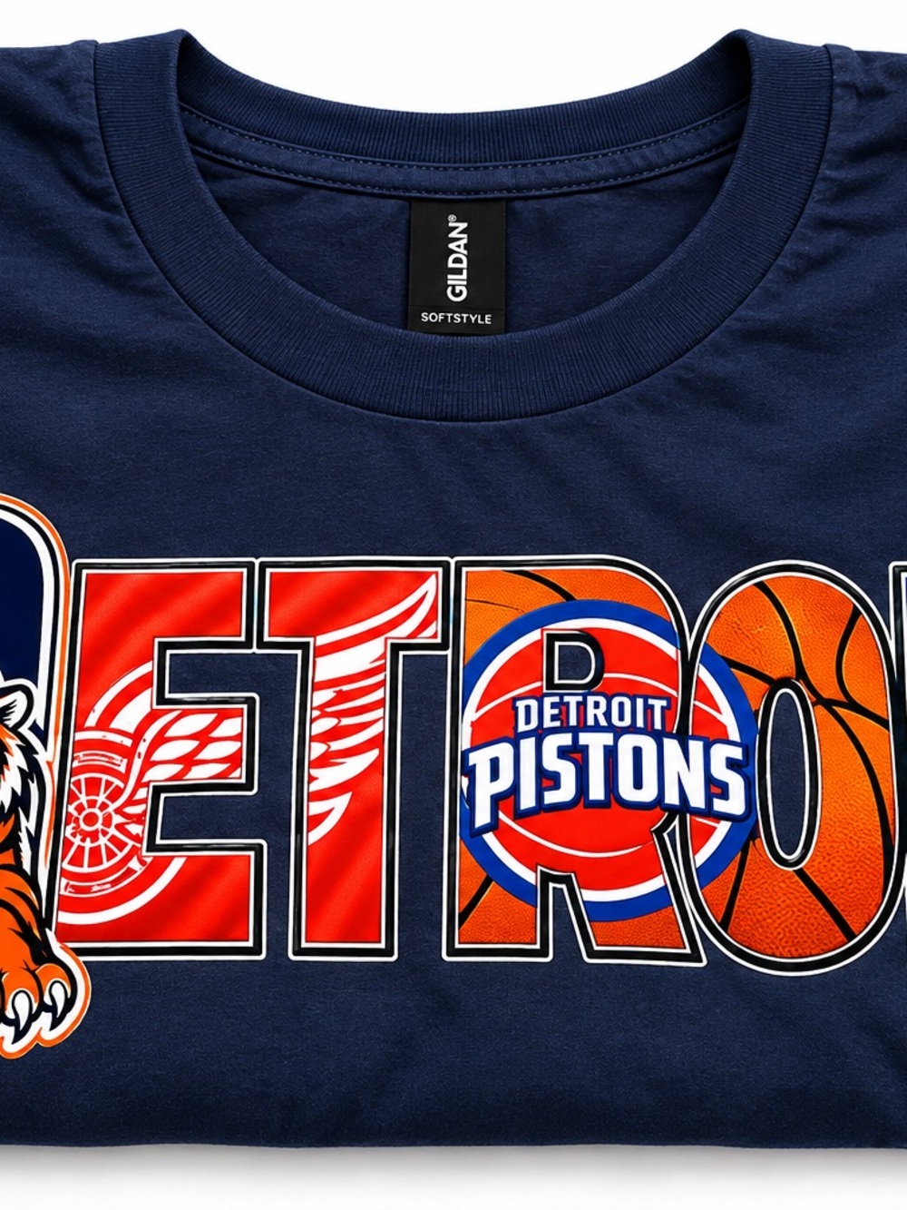 Gildan Navy Detroit Pistons Graphic Tee with Red & Orange Accents